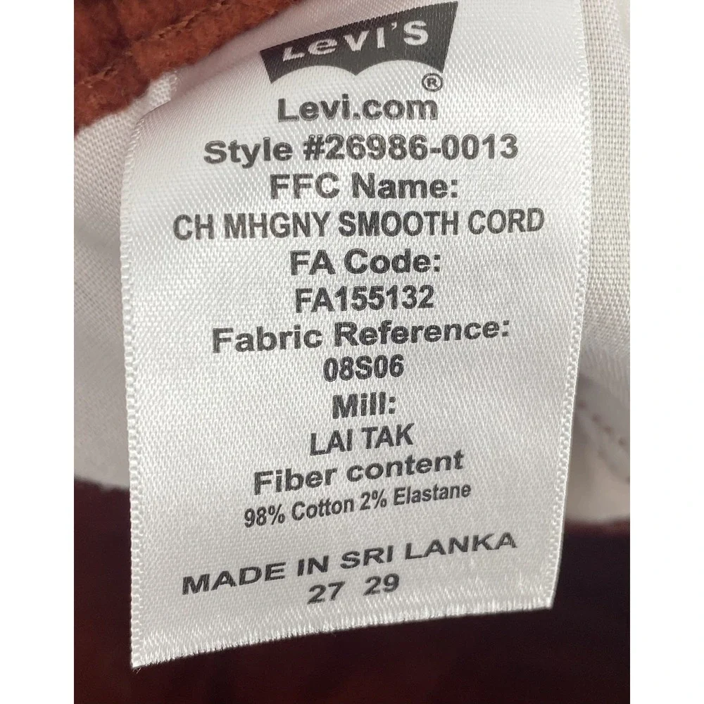 Levi Mens Courdoroy‎ Pants Sz 27 High Waisted Tapered Mahogany Smooth Cord